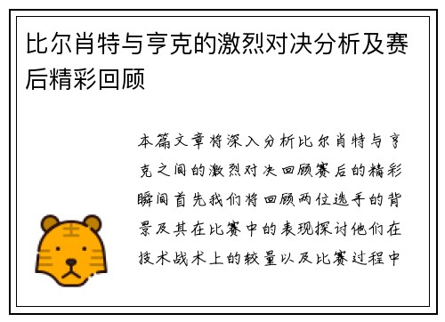 比尔肖特与亨克的激烈对决分析及赛后精彩回顾